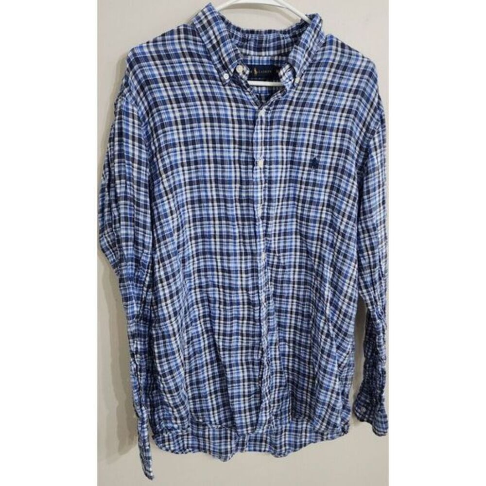 Ralph‎ Lauren 100% Linen Button Down Shirt Mens XL Blue w/ Navy Pony Ocean Wash